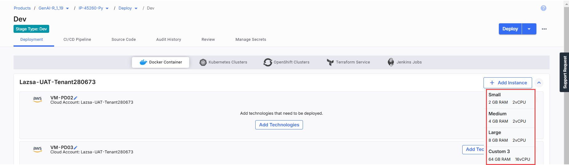 Select Instance for Deployment